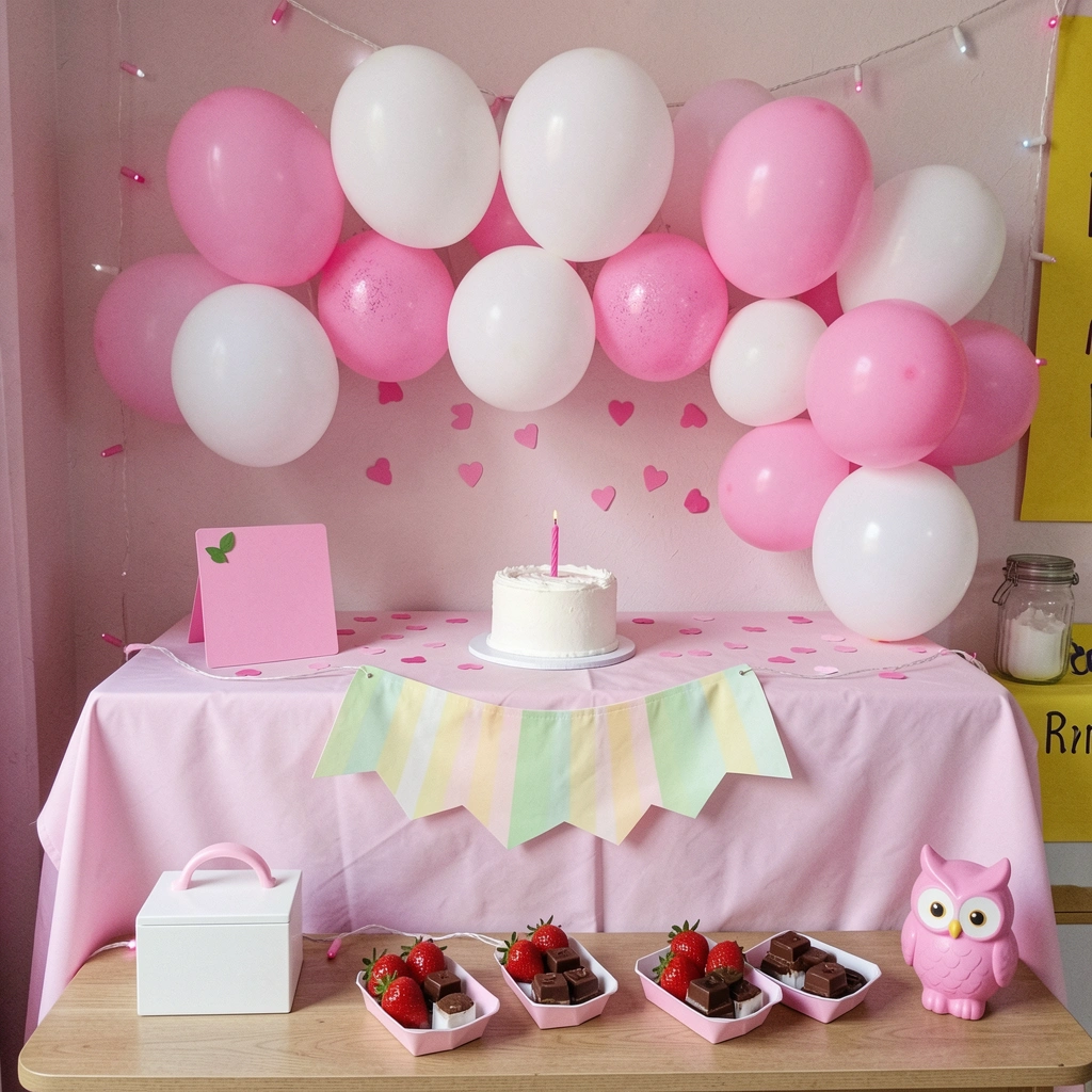 Mesa de festa com bolo decorado, doces variados e um suporte de gorjeta em destaque