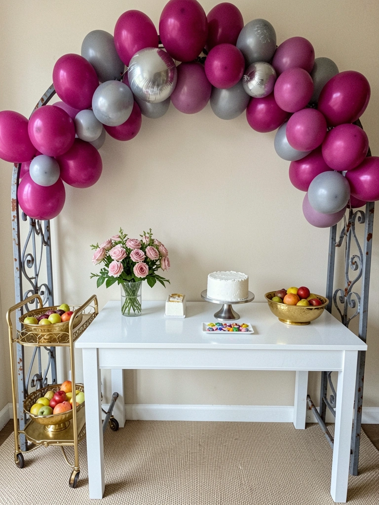 Mesa de festa com bolo, doces variados e pratos decorados