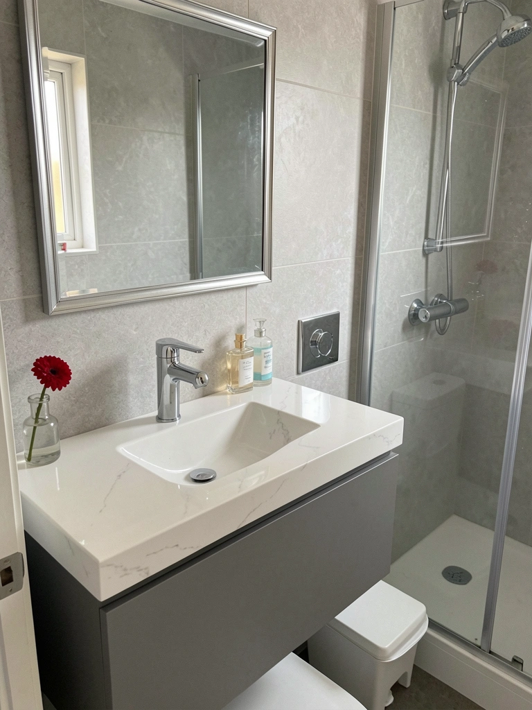 Box de vidro com linhas retas em banheiro compacto, com ducha e piso de porcelanato claro.