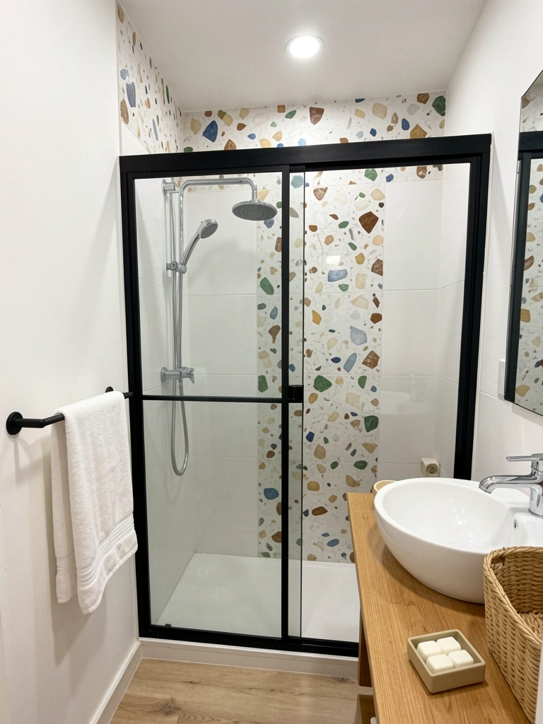 Box de vidro com porta de correr em banheiro pequeno, com azulejos claros e metais cromados
