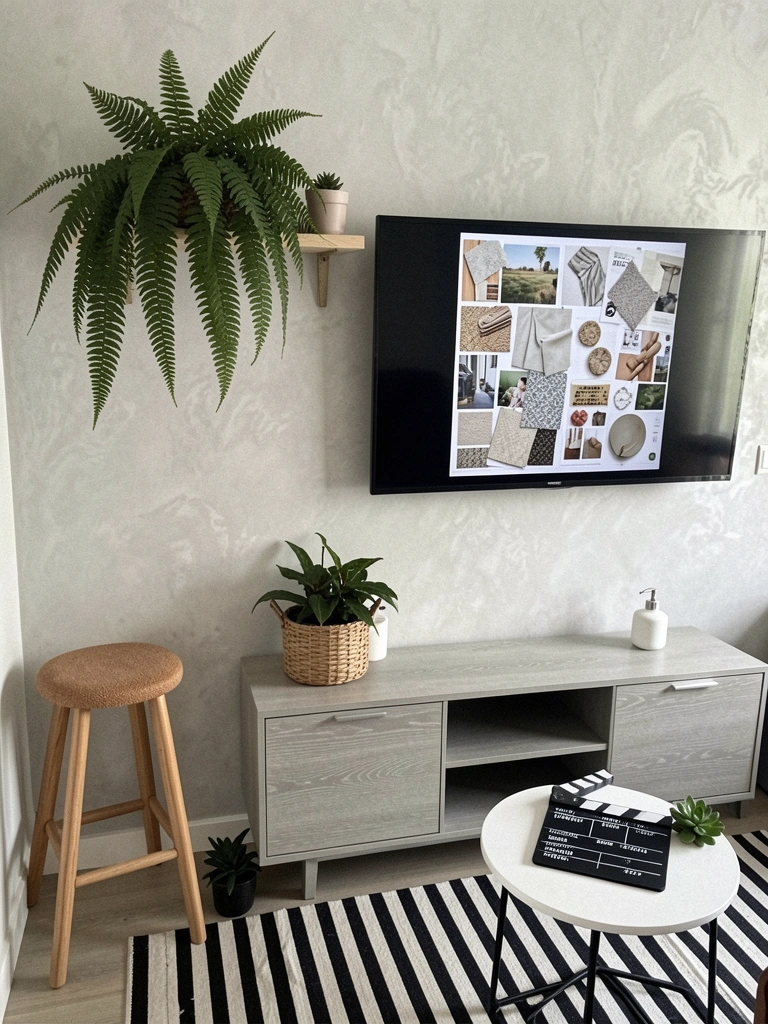 Moodboard com recortes de revistas, amostras de tecidos e objetos decorativos sobre uma mesa