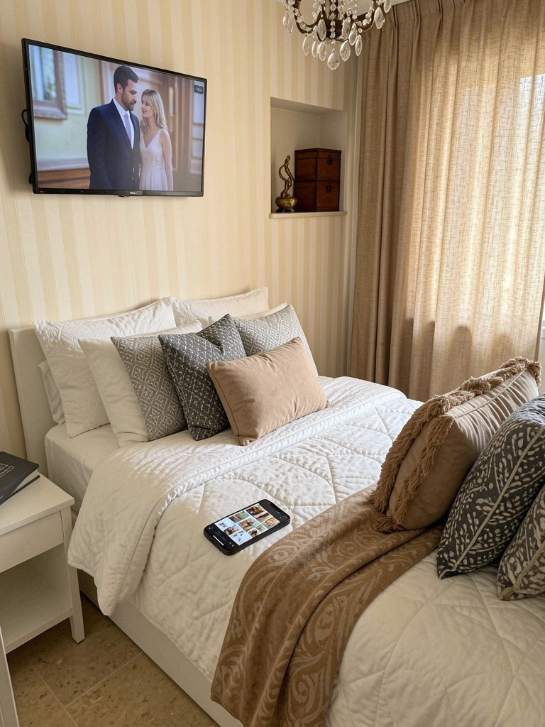 Smartphone exibindo aplicativo de fotos com ideias de decoração sobre uma mesa de madeira