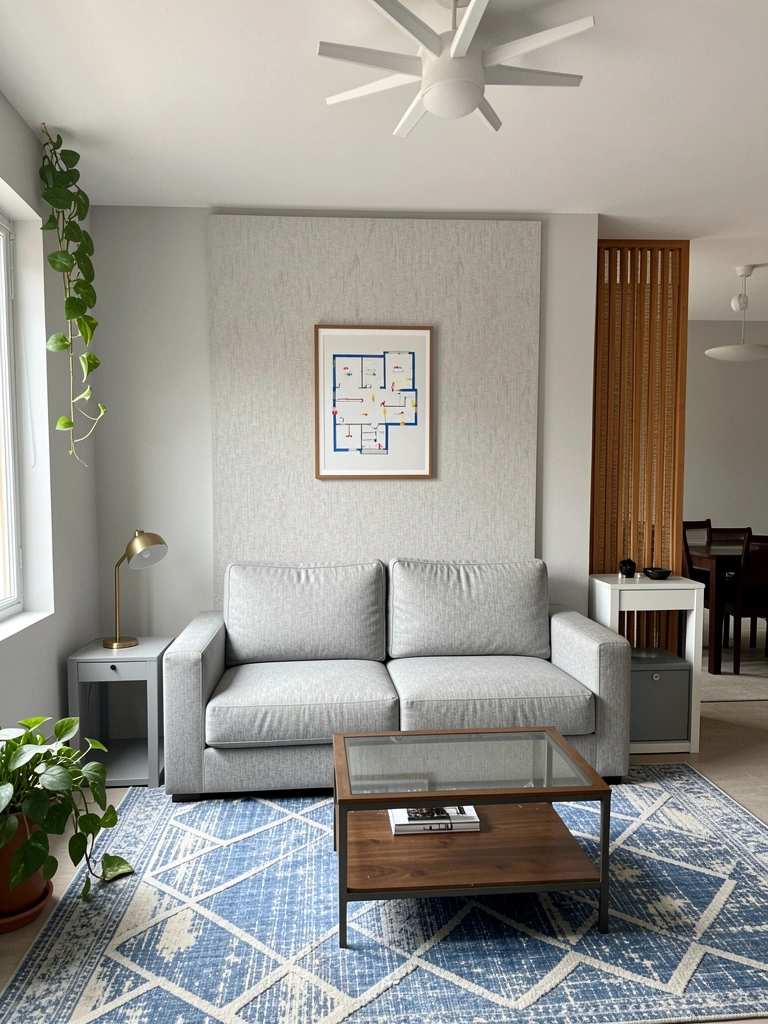 Planta baixa de casa com setas coloridas indicando os ambientes internos