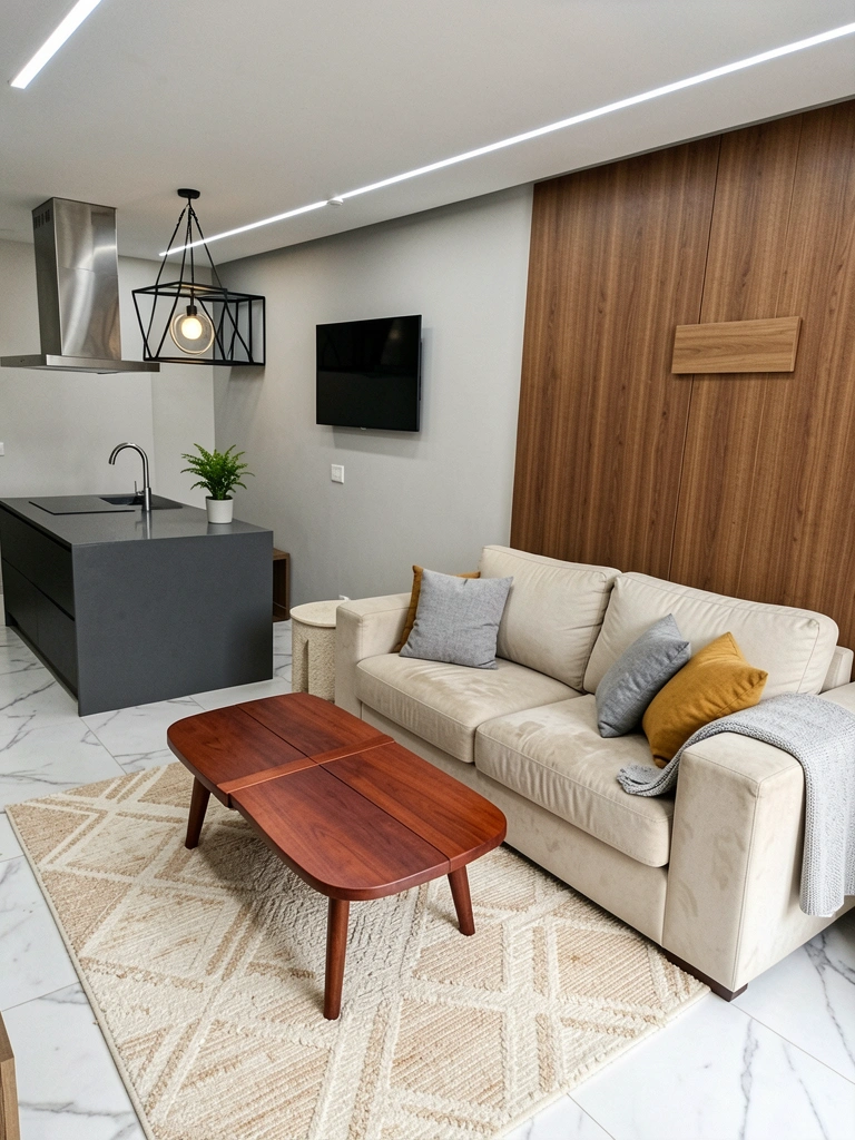 Sala de estar com sofá cinza, almofadas coloridas e tapete felpudo