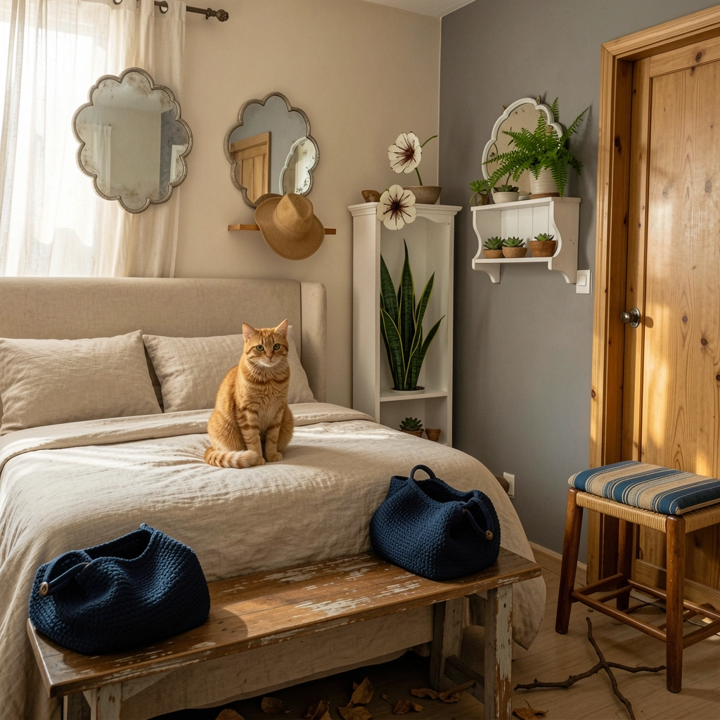 Quarto com cabeceira estofada em tecido claro, cortinas leves e luz quente ao entardecer
