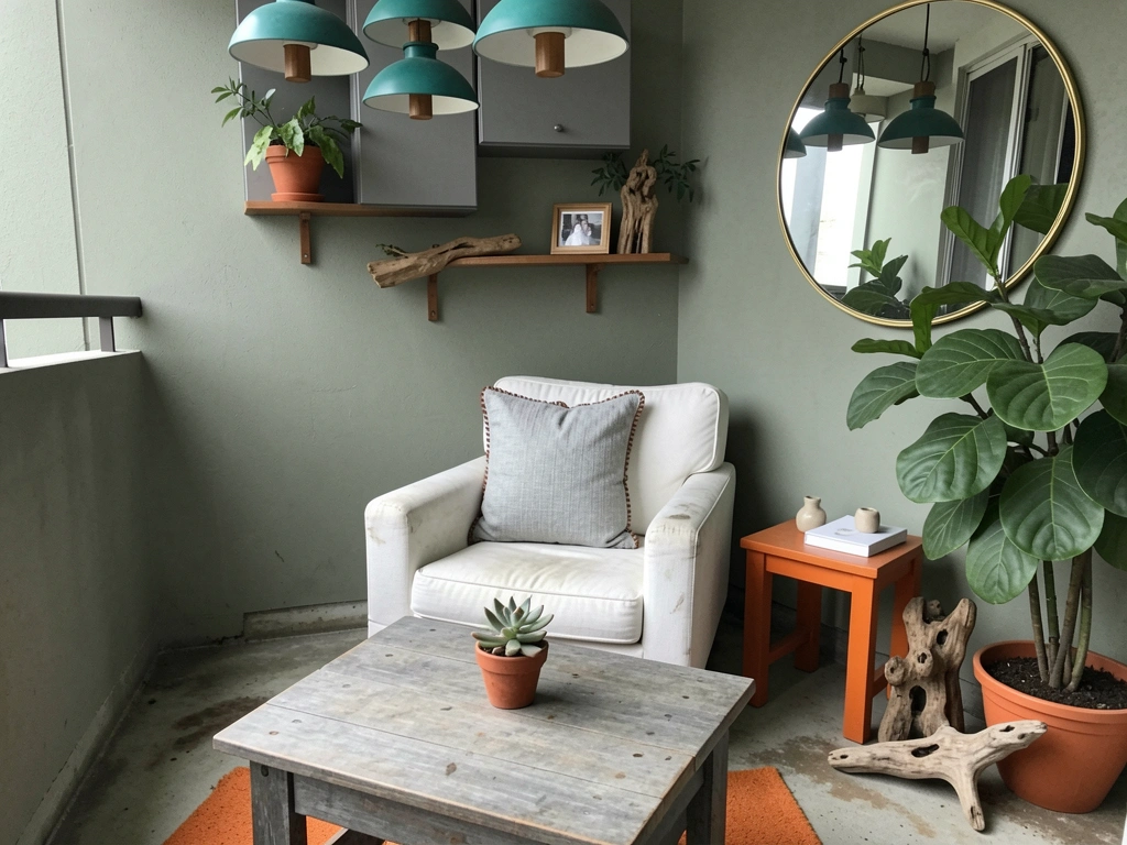 Varanda com plantas, poltrona de vime e mesa de centro rústica de madeira