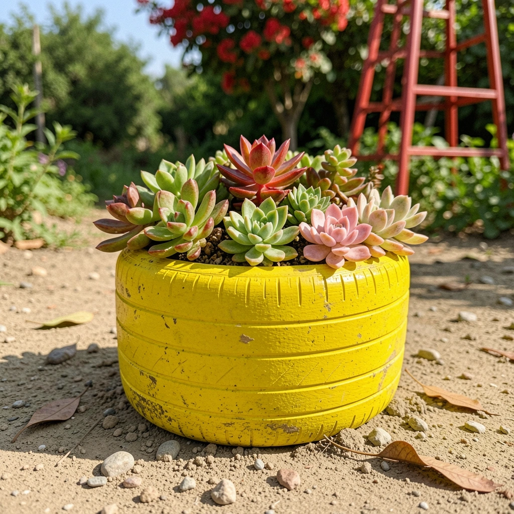 Vaso de pneu pintado com suculentas, fundo desfocado