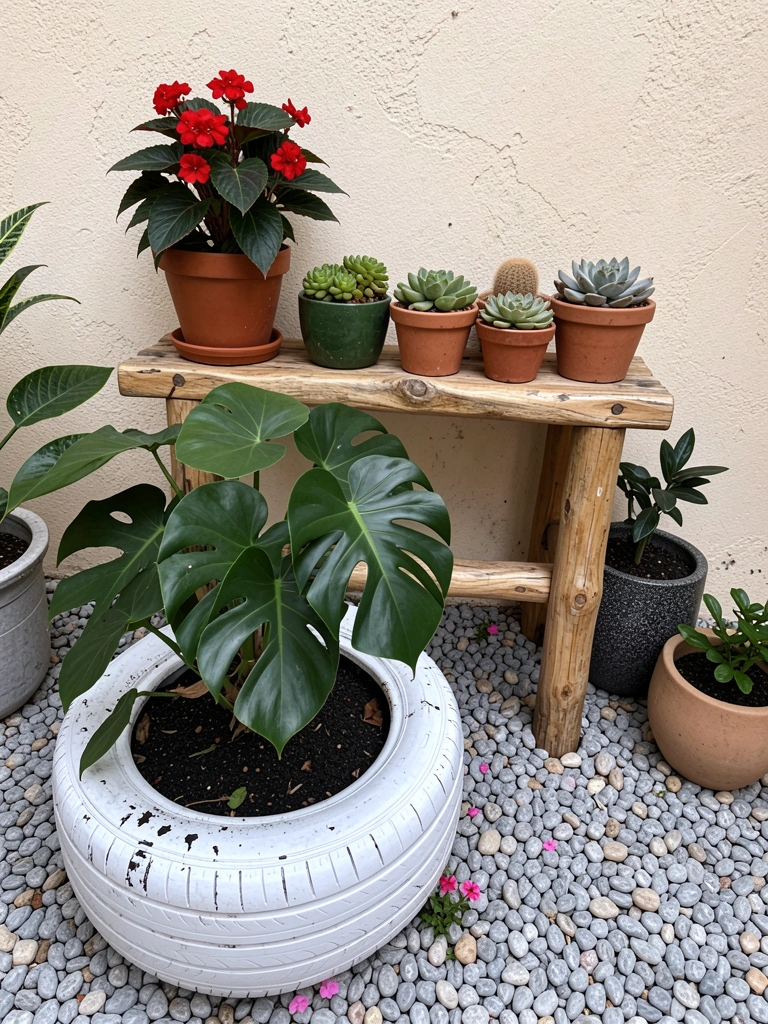 Pneu pintado de branco usado como vaso com planta tropical em ambiente externo