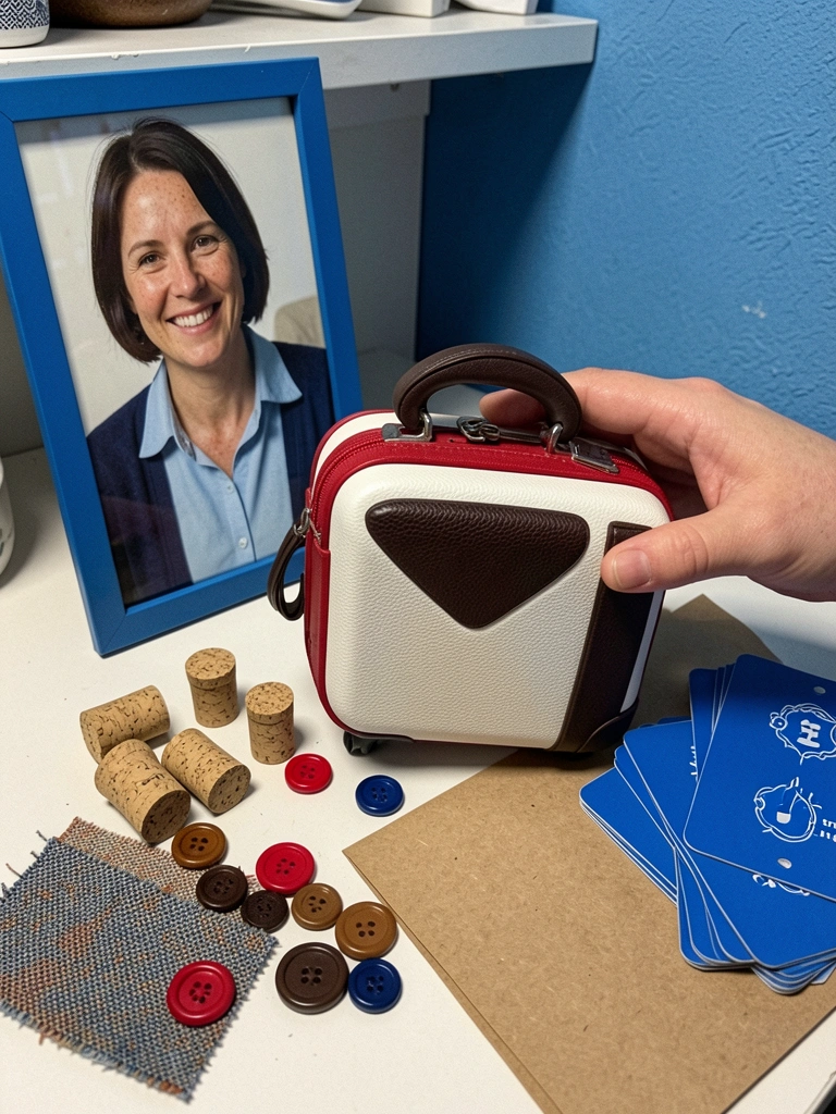 Mesa com rolhas, tecidos, botões e papel kraft em composição para artesanato