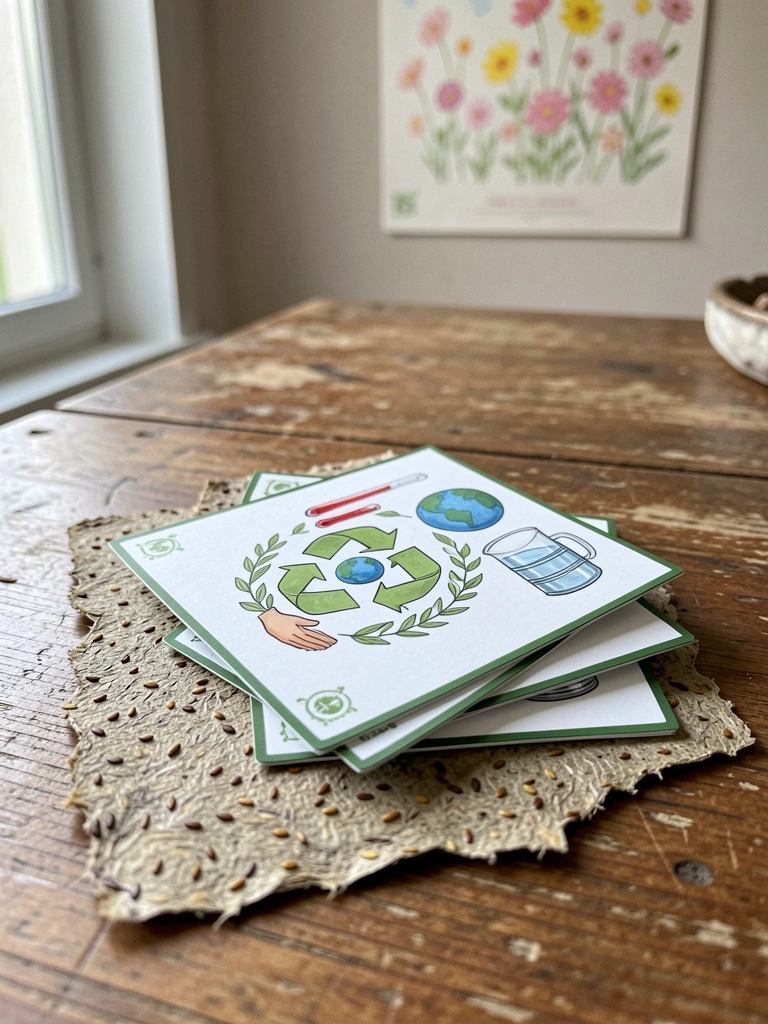 Papel semente com sementes visíveis e cartaz com flores ao fundo