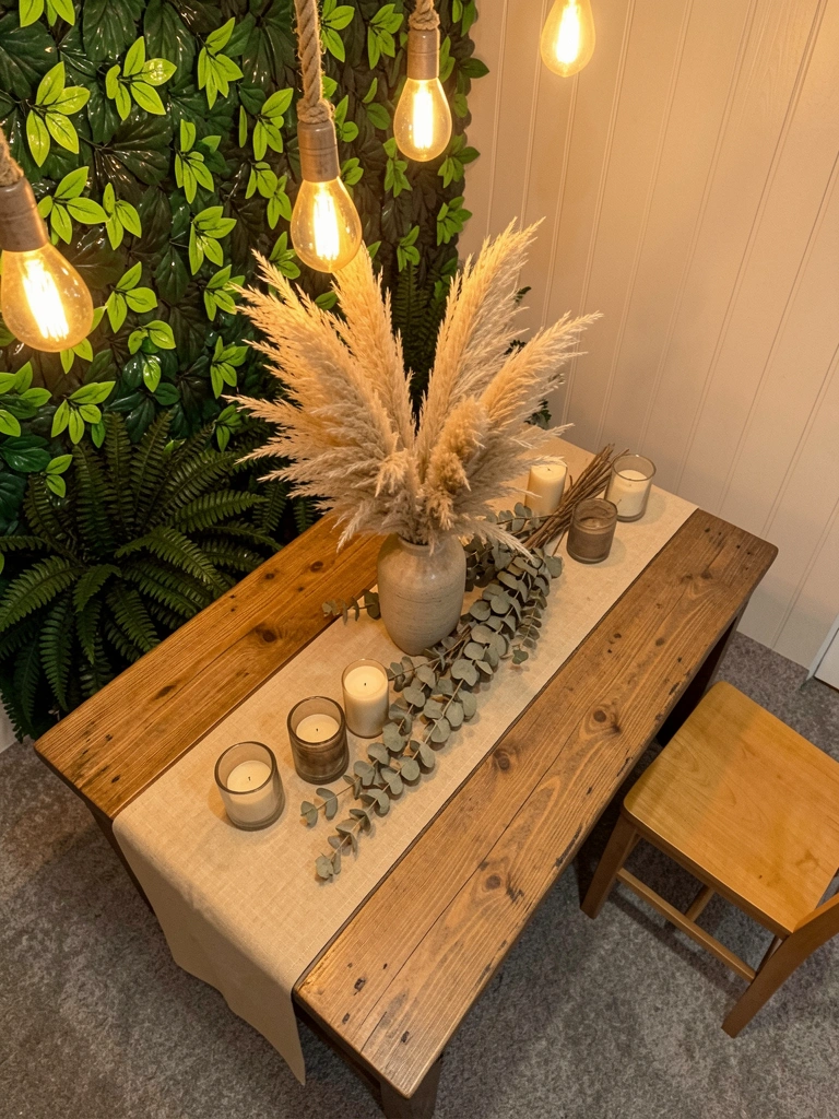 Mesa rústica com capim pampas, eucalipto seco e velas acesas, vista de cima