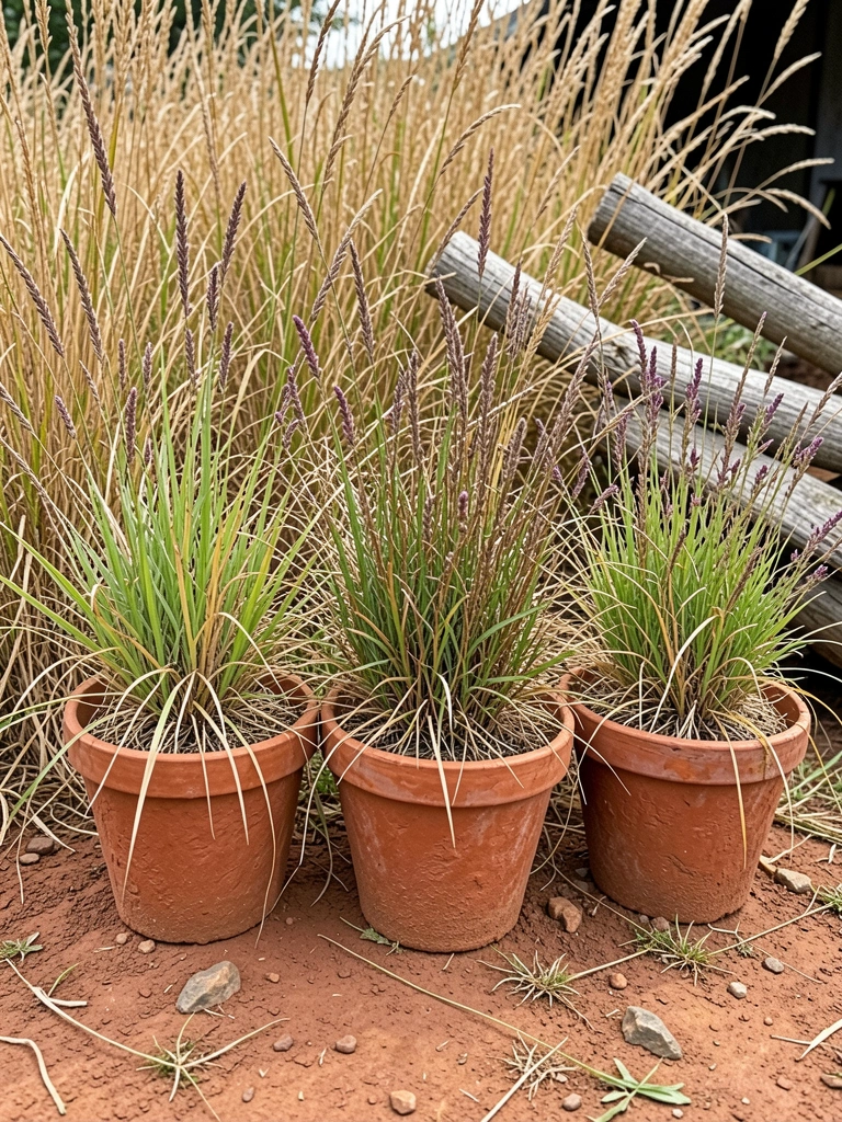Vasos de cerâmica com diferentes tipos de mato seco agrupados sobre uma mesa