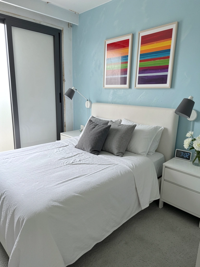 Quarto com janela ampla e parede em tom pastel, luz natural entrando pela manhã