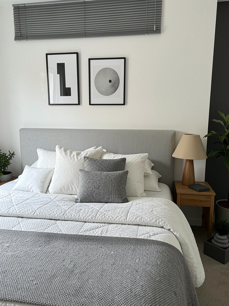 Parede branca com molduras de fotos em quarto escandinavo, cama com roupa de cama neutra e luz natural