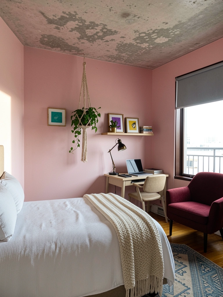 Quarto com parede clara e galeria de fotos emolduradas acima da cama