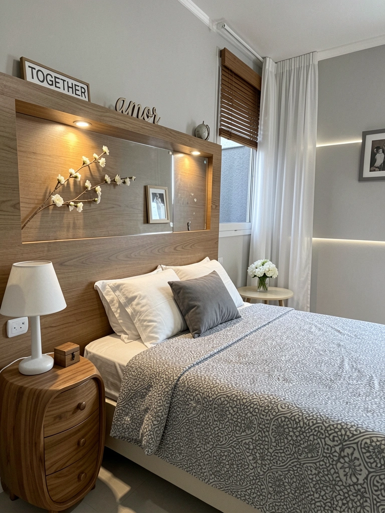 Quarto moderno com criado-mudo de madeira curva ao lado da cama
