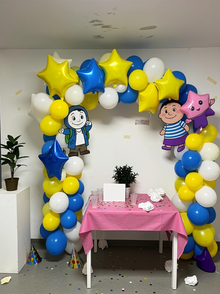 Sala de festas temática de aventura antes e depois, com balões e decoração organizada de um lado e mesa com itens espalhados e copos usados do outro.
