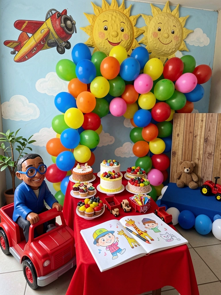 Caderno aberto com anotações e adesivos do Mundo Bita sobre uma mesa de planejamento de festa infantil.