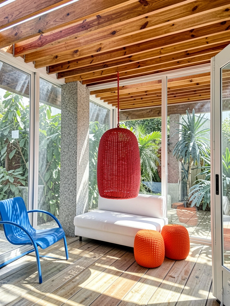 Sala ampla com paredes de vidro, poltronas e luz natural intensa