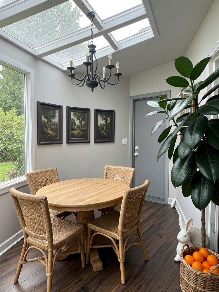 Sala de estar com grandes janelas de vidro, vista para jardim externo, sofá e mesa de centro, luz natural abundante