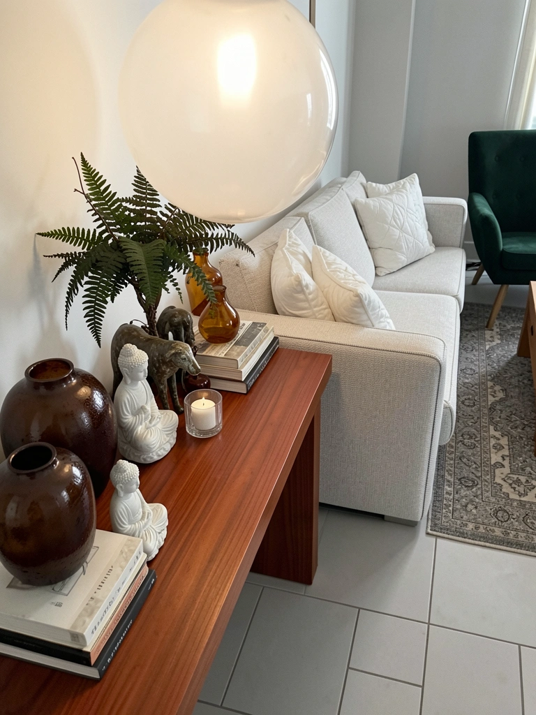 Globo de acrílico translúcido aceso, projetando luz difusa sobre uma mesa de centro em sala moderna