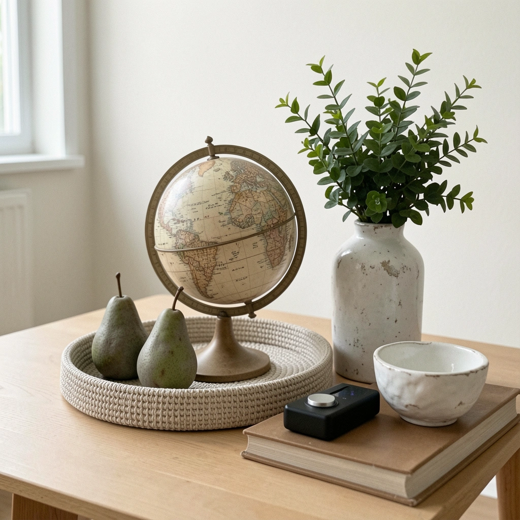 Mesa de centro com globo decorativo, bandeja e vaso em estilo moderno