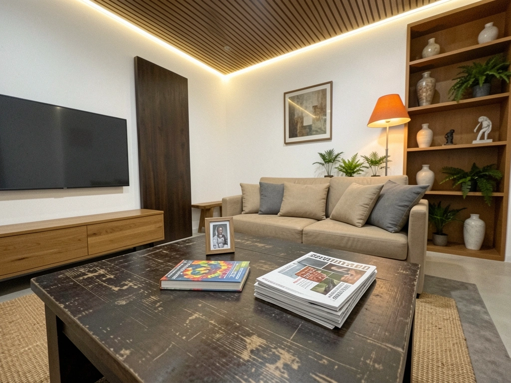 Mesa de centro com vaso, livro e escultura em tons neutros