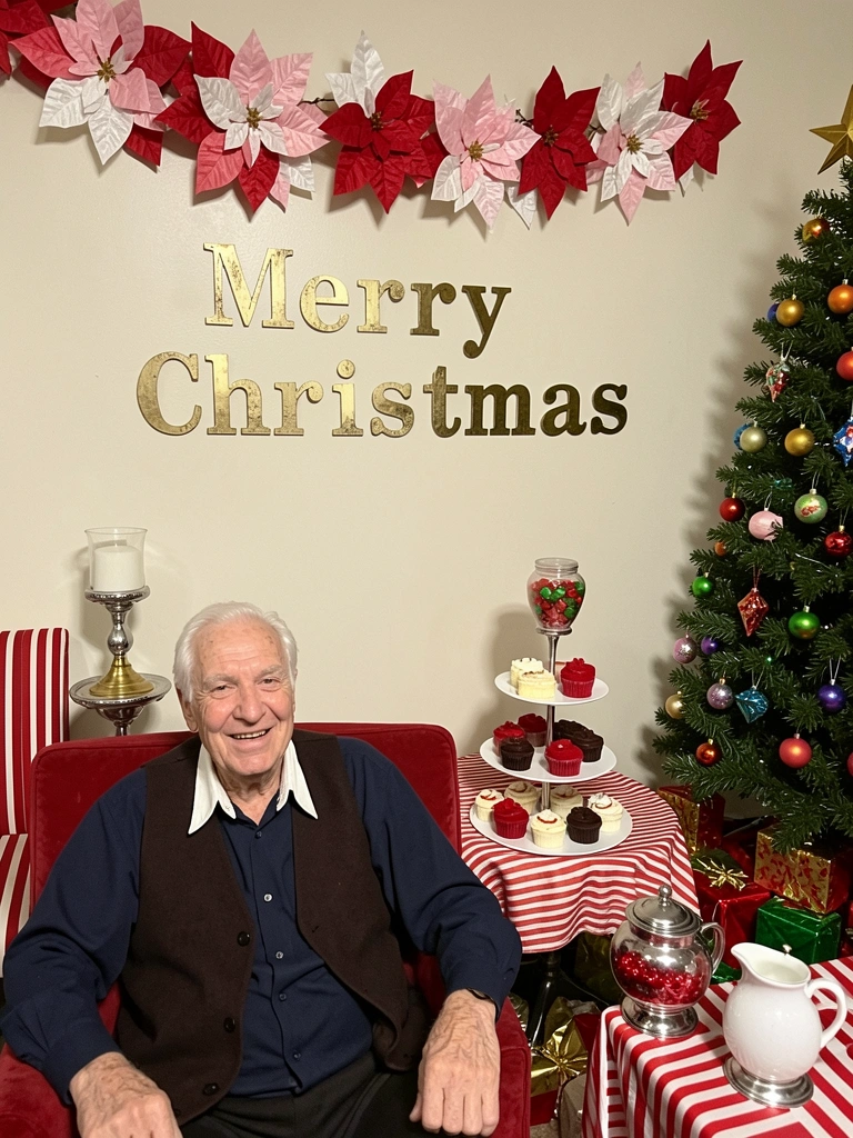 Sala de estar com painel de Natal na parede, árvore decorada e presentes embaixo
