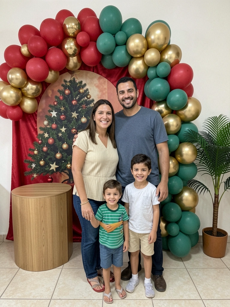 Família sorrindo em frente a um painel natalino decorado