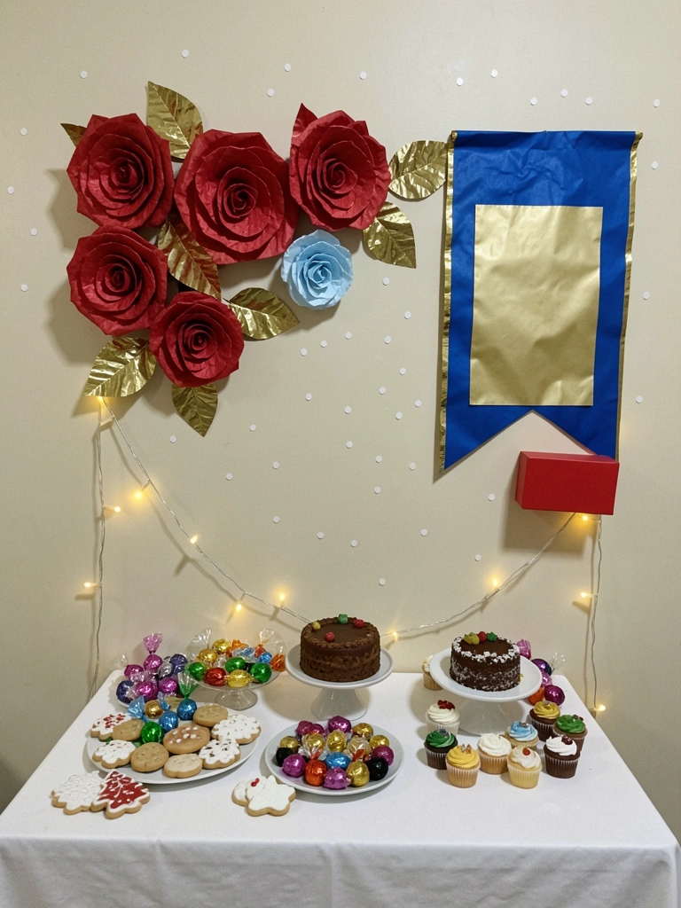 Mesa de doces com painel natalino ao fundo, decoração vermelha e verde