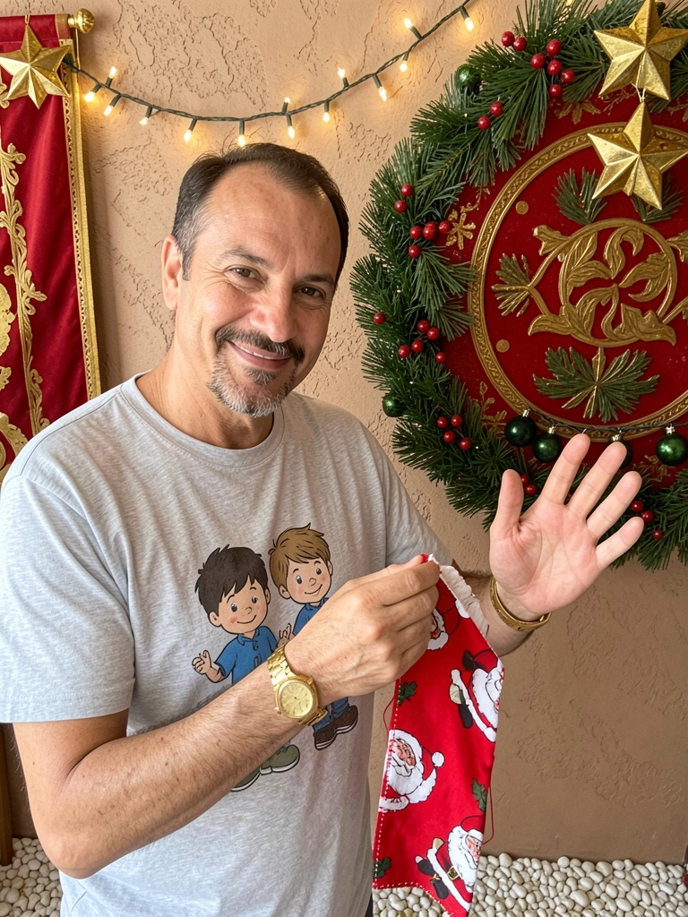 Mãos costurando tecido de algodão com estampa de Papai Noel
