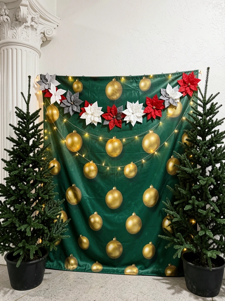 Painel sublimado verde com bolas douradas decorativas