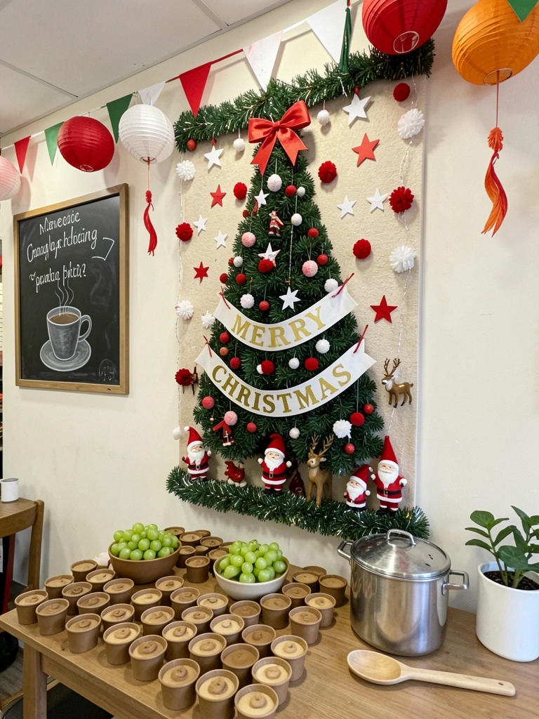 Mesa de doces larga com painel de 2m de altura decorado para o Natal