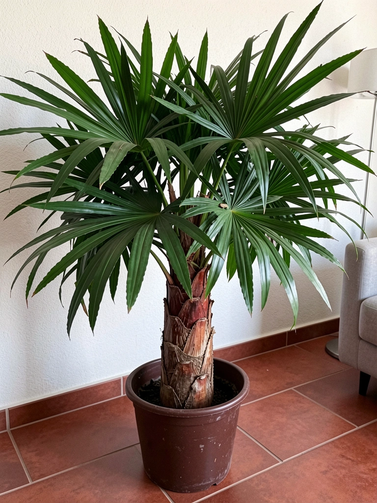Palmeira ráfia em vaso de cerâmica clara ao lado de sofá cinza em sala com luz natural