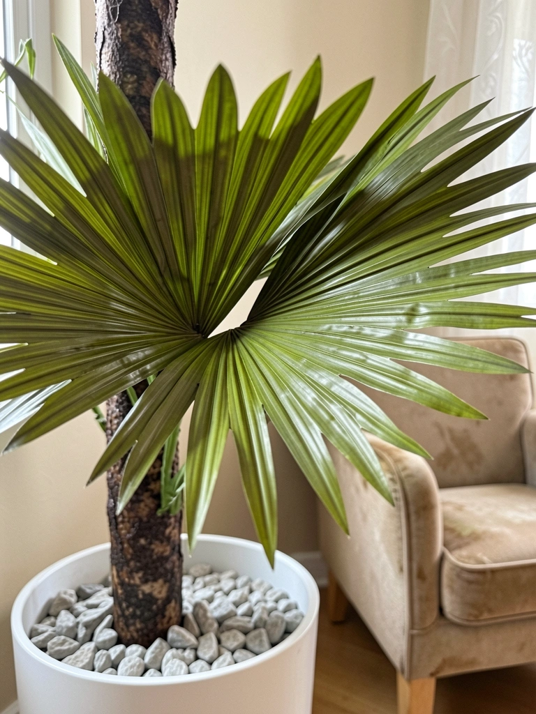 Folhas em leque de palmeira ráfia com textura fibrosa e tons verdes, iluminação suave