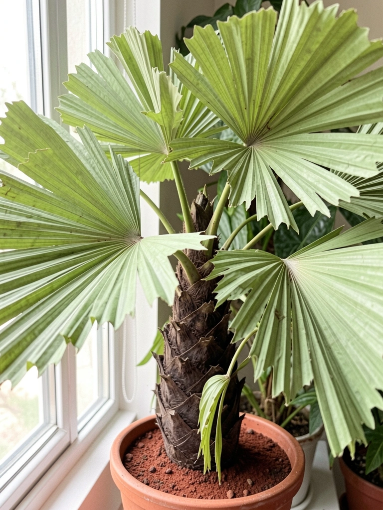 Palmeira ráfia em vaso próxima a uma janela com luz filtrada