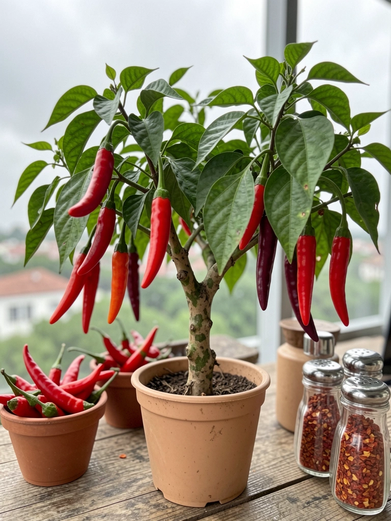 Mesa posta com potes de vidro contendo pimentas e pimenteiras variadas