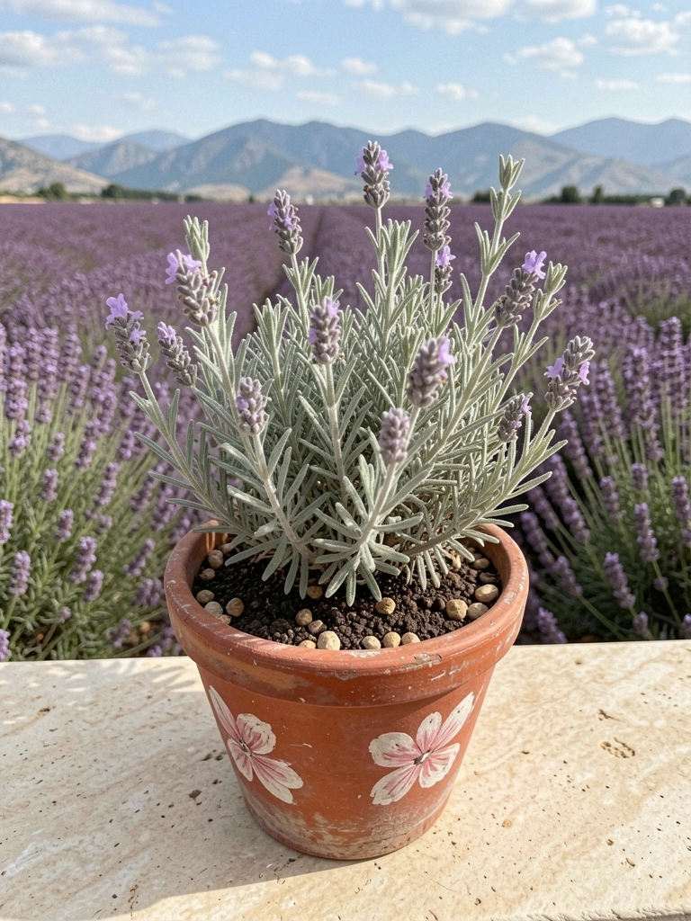 Campo de lavanda com montanhas ao fundo sob céu azul