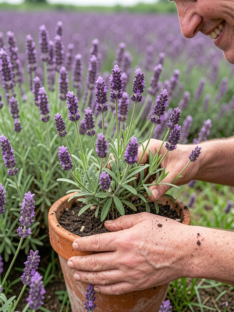 Mãos plantando muda de alfazema em vaso de cerâmica