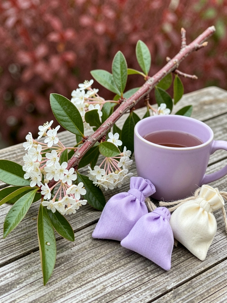 Xícara de chá de lavanda sobre pires com sachês decorativos ao lado