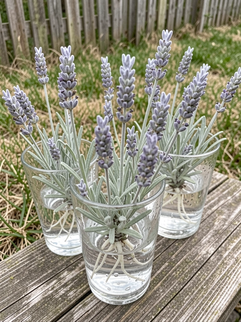 Mudas de alfazema com raízes visíveis em copos d