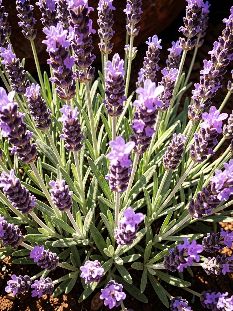 Flores de alfazema em tons de roxo e lilás, dispostas em um vaso de cerâmica rústica sobre uma mesa de madeira.