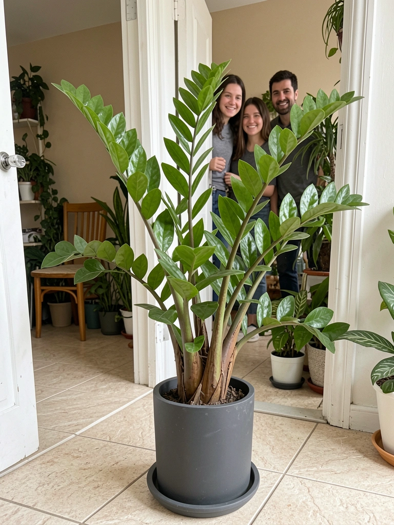 Sala iluminada por luz natural, com várias plantas em vasos e pessoas sorrindo