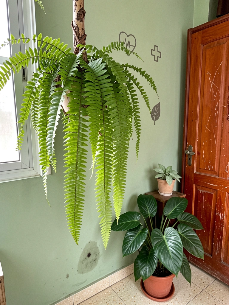 Ícones de saúde e plantas em vasos sobre fundo verde.