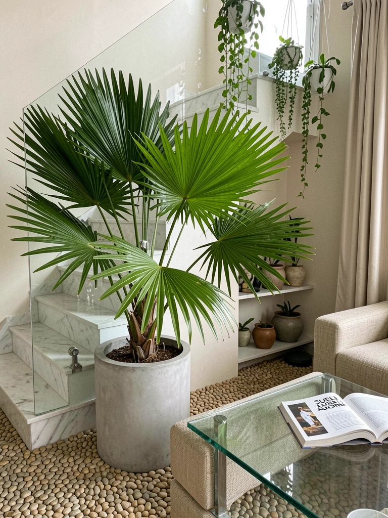 Sala com plantas suspensas em vasos de cerâmica, iluminação natural e parede branca