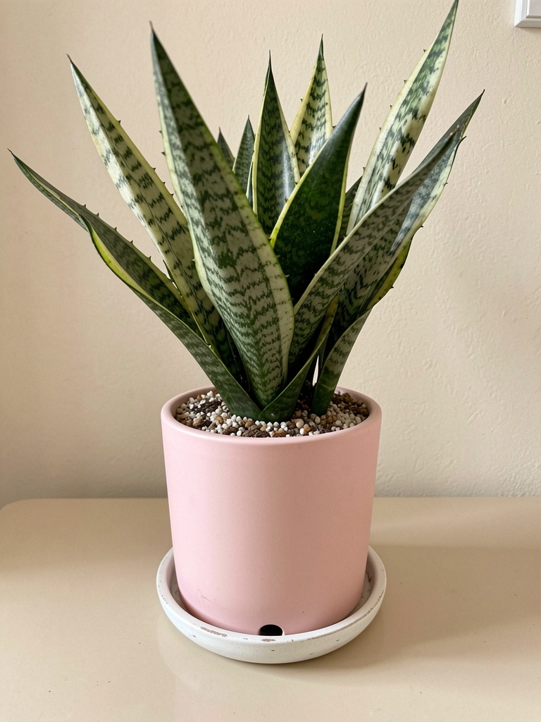 Vaso de cerâmica com drenagem, terra para cactos e uma muda de espada de São Jorge sobre uma mesa de madeira.