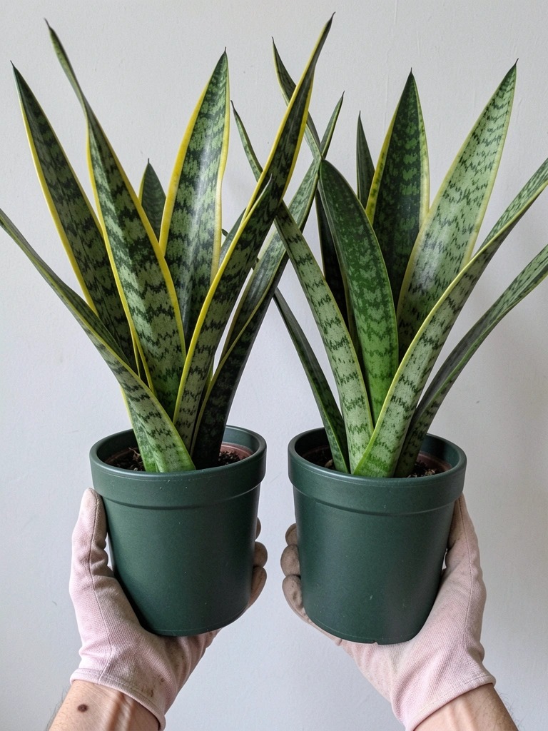 Folhas verdes de espada de São Jorge com manchas amarelas em vaso de cerâmica