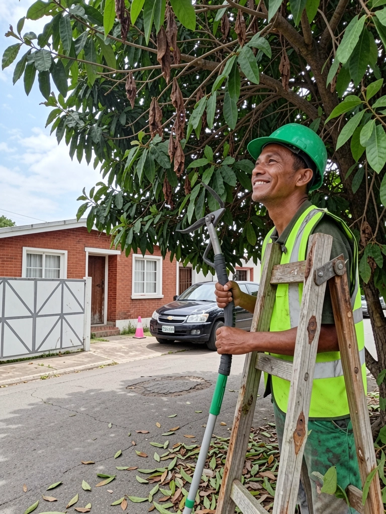 Árvore frondosa no quintal, com galhos secos e verdes, e uma pessoa observando de baixo