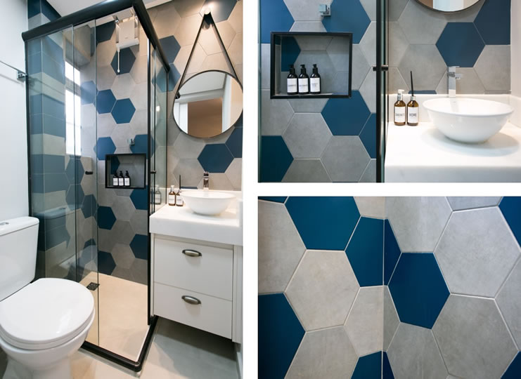 porcelanato hexagonal banheiro pequeno