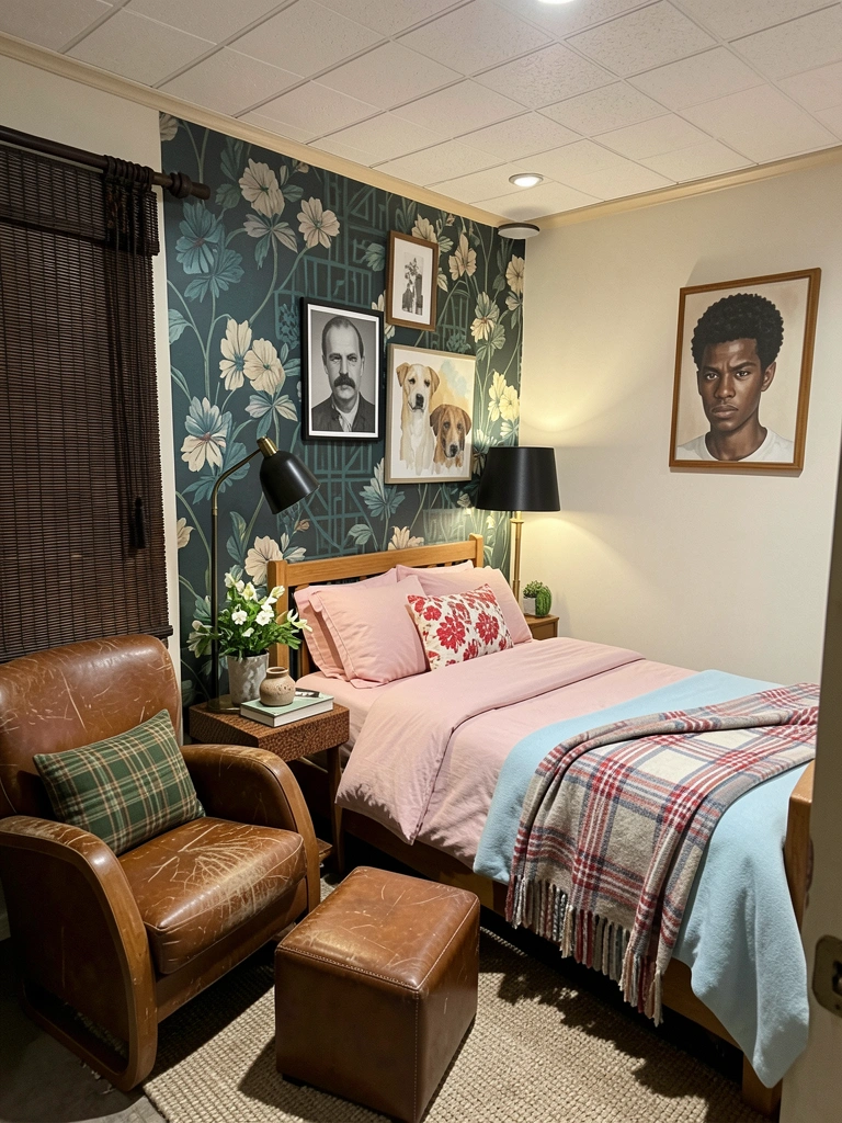 Cama de madeira com roupa de cama em tons pastel em quarto retrô